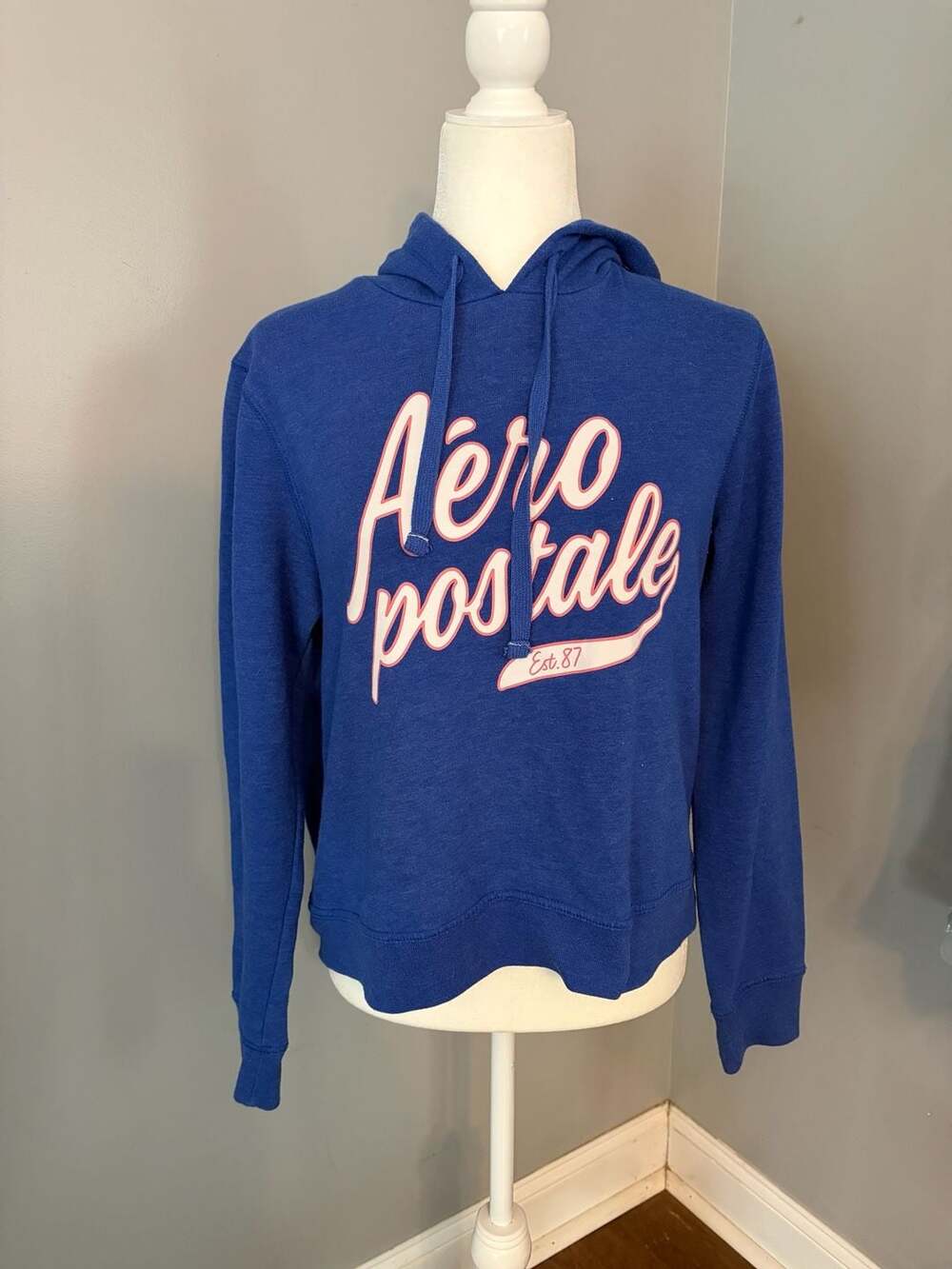 Aéropostale Blue Pullover Hoodie with White and Pink Script Logo Size L